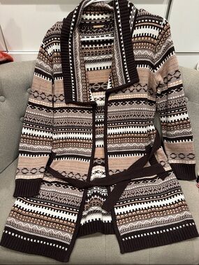 Magaschoni Brown & Cream Knit Cardigan with Shawl Collar